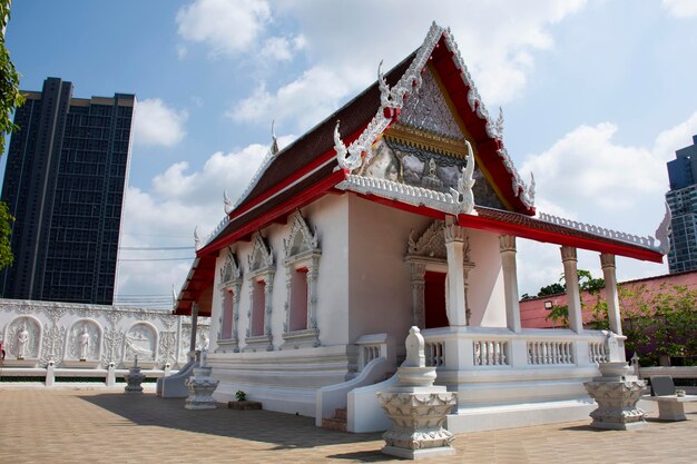 Ancient old ordination hall or antique beautiful ubosot church for thai people travelers travel visit travel respect praying buddha blessing holy worship at Wat Noi Nok temple in Nonthaburi Thailand