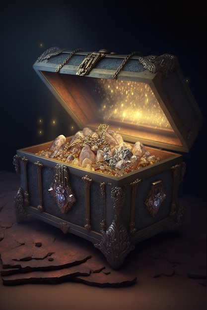 Ancient open treasure chest glowing gemstones and gold inside