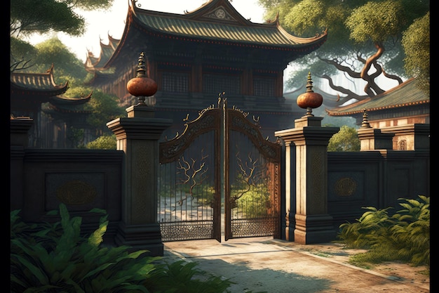 Photo ancient oriental manor with rectangular iron mansion gates