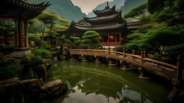 Древнее восточное храмовое здание спокойный зеленый пруд природа отражает историческое направление путешествия