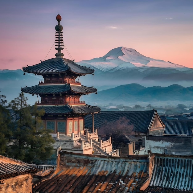 Photo ancient pagoda in dali old town with snow capped mt cangshan yunnan china