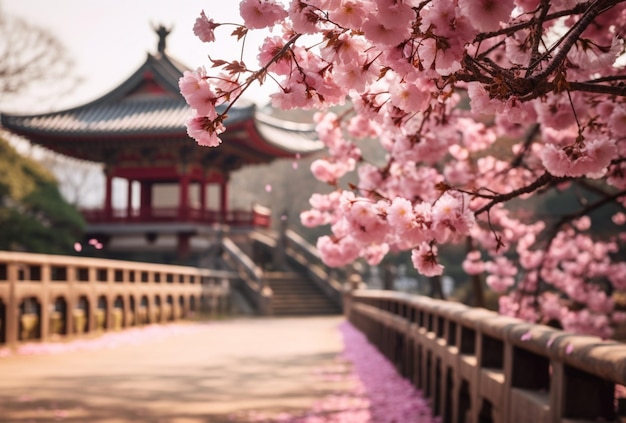 古代塔の庭園と満開の桜