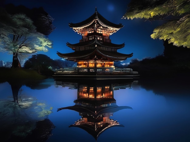 Ancient pagoda reflects in dark water illuminating night beauty