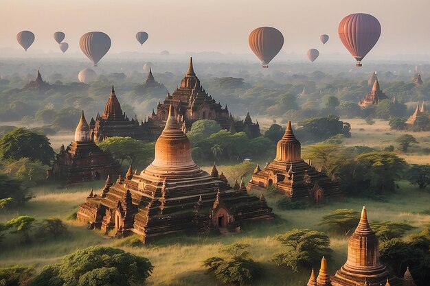 Ancient pagodas in Bagan with altitude balloon Myanmar