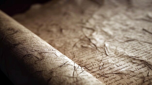 Ancient paper scroll old quill papers on wooden desk against vintage bookcase