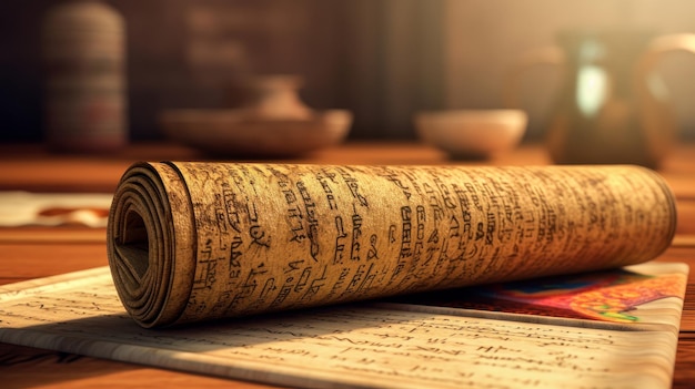 Photo ancient papyrus scroll on the desk of an archaeologist