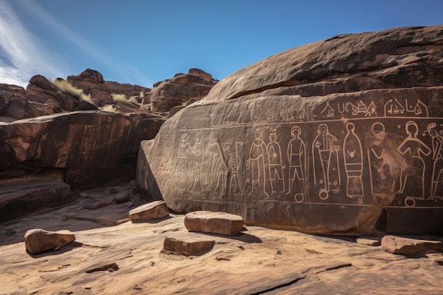 Ancient petroglyphs on a desert rock face created with generative ai