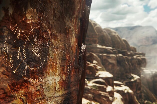 Photo ancient petroglyphs etched into canyon walls