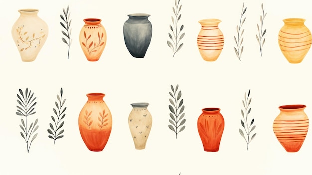 Ancient Pottery and Vases Seamless Watercolor Pattern AI Generated