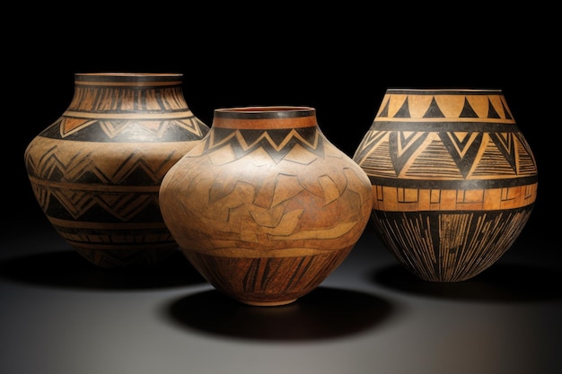 生成 AI で作成された幾何学的なデザインとテクスチャーを持つ古代の陶器