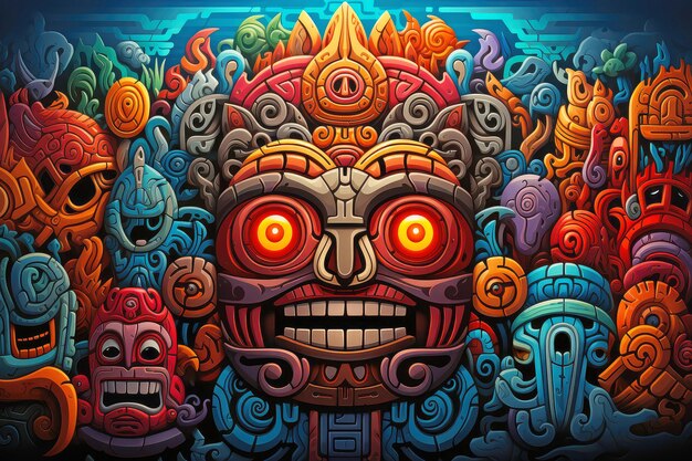 Древняя психоделия Мезоамериканская красочная ритуальная модель экстремальный крупный план Генеративный ИИ