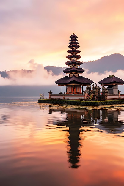 Древний pura ulun danu bratan besakih или известный индуистский храм и турист на острове Бали на восходе солнца