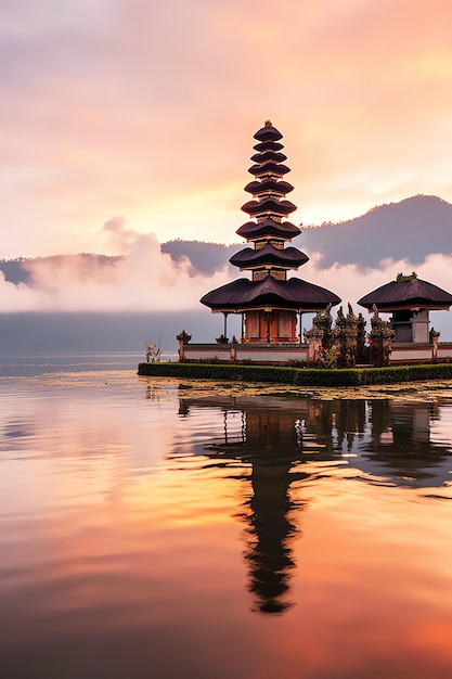 Ancient pura ulun danu bratan besakih or famous hindu temple and tourist in bali island at sunrise