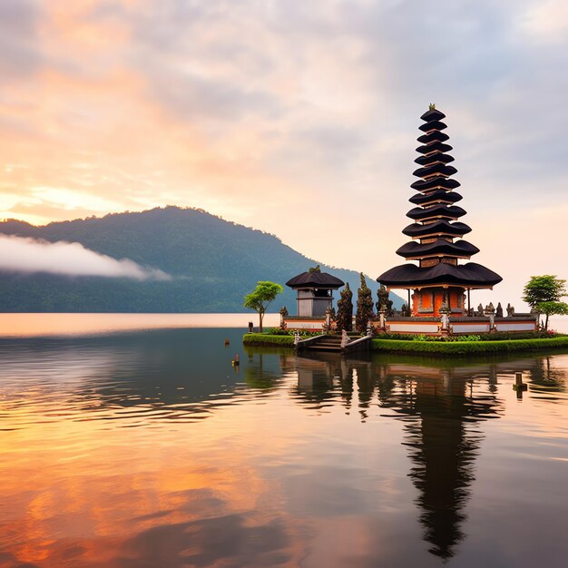 Antico pura ulun danu bratan besakih o famoso tempio indù e turista nell'isola di bali all'alba