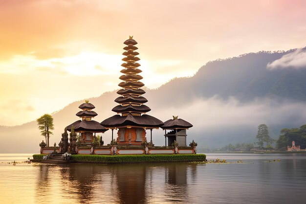 古代のpura ulun danu bratan besakihまたは有名なヒンドゥー教寺院と日の出時にバリ島の観光客