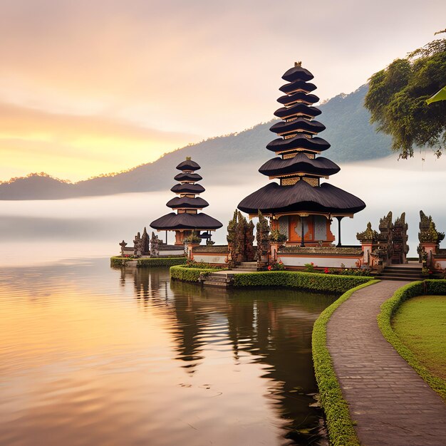 Ancient pura ulun danu bratan besakih or famous hindu temple and tourist in bali island at sunrise