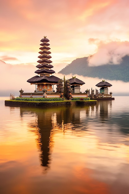 Ancient pura ulun danu bratan besakih or famous hindu temple and tourist in bali island at sunrise