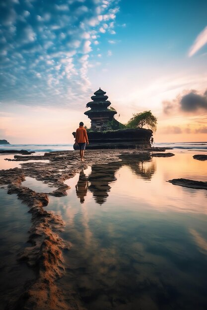 Ancient pura ulun danu bratan besakih or famous hindu temple and tourist in bali island at sunrise