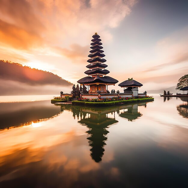 Photo ancient pura ulun danu bratan besakih or famous hindu temple and tourist in bali island at sunrise