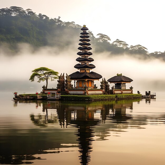 Foto antico pura ulun danu bratan besakih o famoso tempio indù e turista nell'isola di bali all'alba