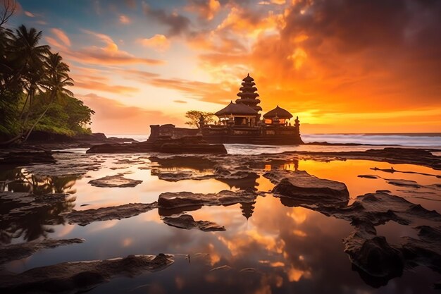 Foto antico pura ulun danu bratan besakih o famoso tempio indù e turista nell'isola di bali all'alba