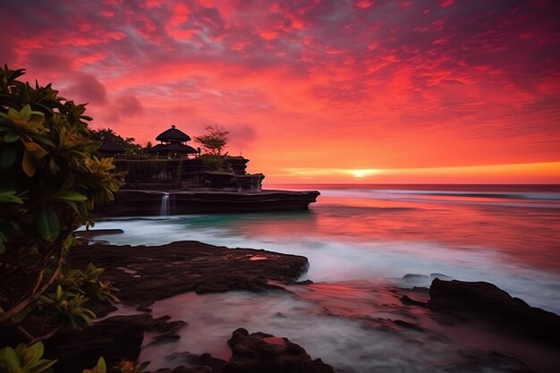 Photo ancient pura ulun danu bratan besakih or famous hindu temple and tourist in bali island at sunrise