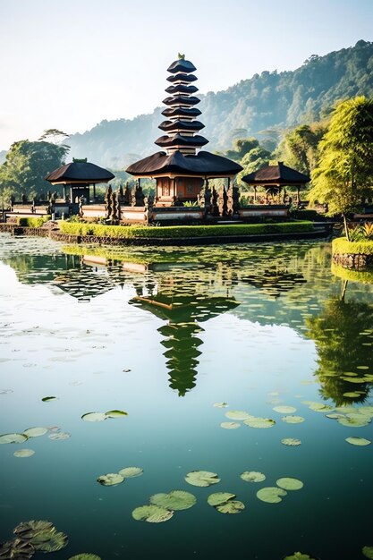 Foto l'antico pura ulun danu bratan besakih o famoso tempio indù e turista nell'isola di bali all'alba