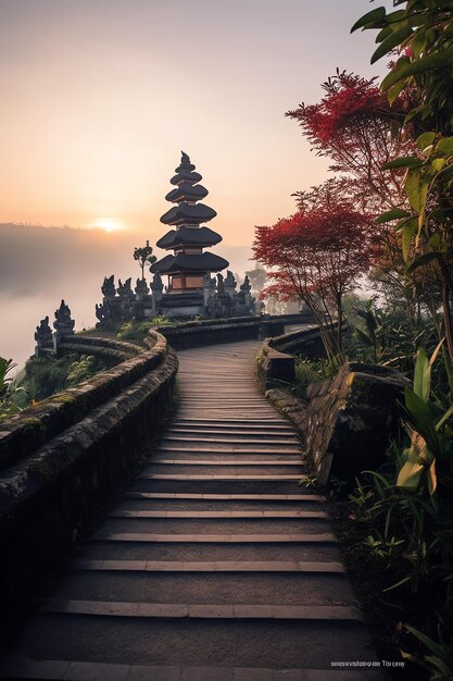 Foto l'antico pura ulun danu bratan besakih o famoso tempio indù e turista nell'isola di bali all'alba