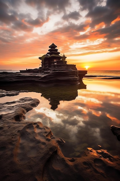 Foto l'antico pura ulun danu bratan besakih o famoso tempio indù e turista nell'isola di bali all'alba