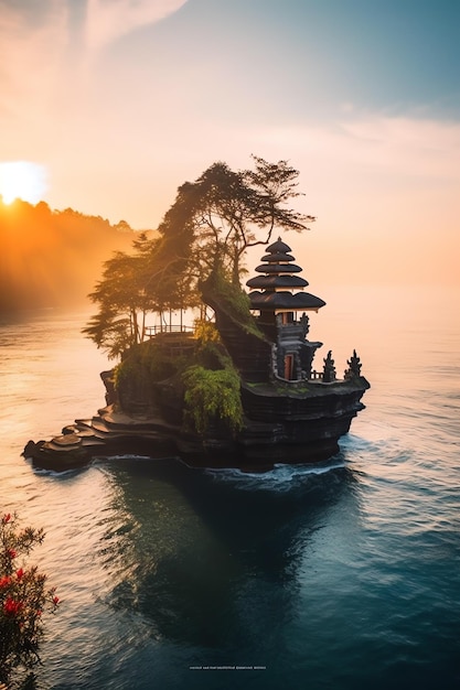 Foto l'antico pura ulun danu bratan besakih o famoso tempio indù e turista nell'isola di bali all'alba