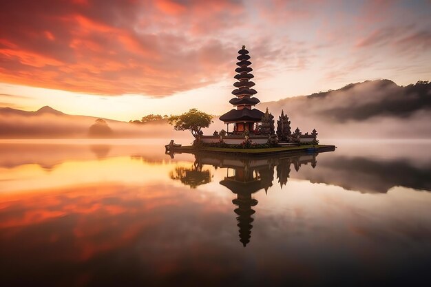 Ancient pura ulun danu bratan besakih or famous hindu temple and tourist in bali island at sunrise