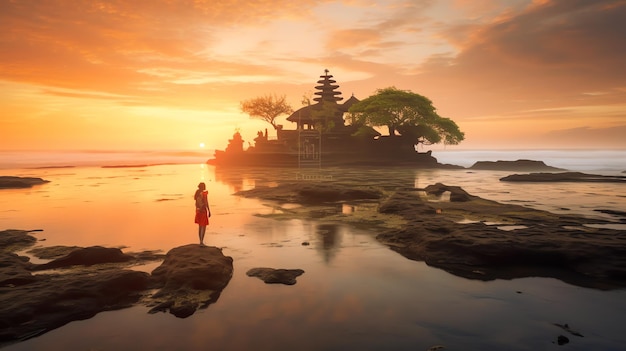 Ancient pura ulun danu bratan besakih or famous hindu temple and tourist in bali island at sunrise