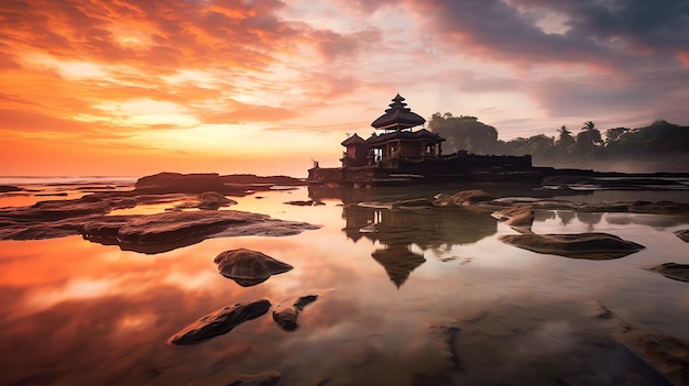 고대 푸라 울룬 다누 브라탄 베사키(Pura ulun danu bratan besakih) 또는 일출 때 발리 섬의 유명한 힌두교 사원이자 관광객