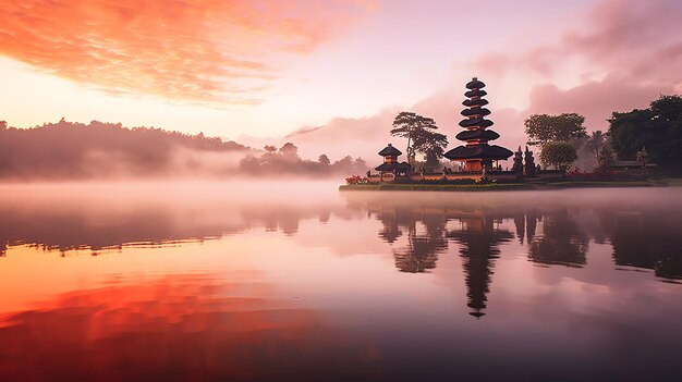 Ancient pura ulun danu bratan besakih or famous hindu temple and tourist in bali island at sunrise