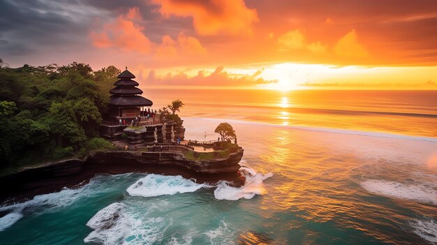 Photo ancient pura ulun danu bratan besakih or famous hindu temple and tourist in bali island at sunrise