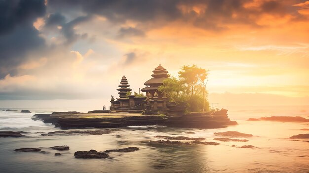 Photo ancient pura ulun danu bratan besakih or famous hindu temple and tourist in bali island at sunrise