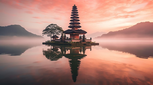 Ancient pura ulun danu bratan besakih or famous hindu temple and tourist in bali island at sunrise