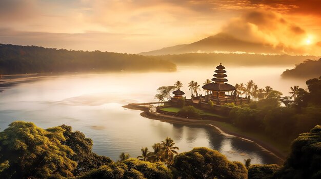 Ancient pura ulun danu bratan besakih or famous hindu temple and tourist in bali island at sunrise