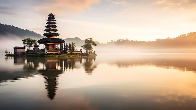 Ancient pura ulun danu bratan besakih or famous hindu temple and tourist in bali island at sunrise