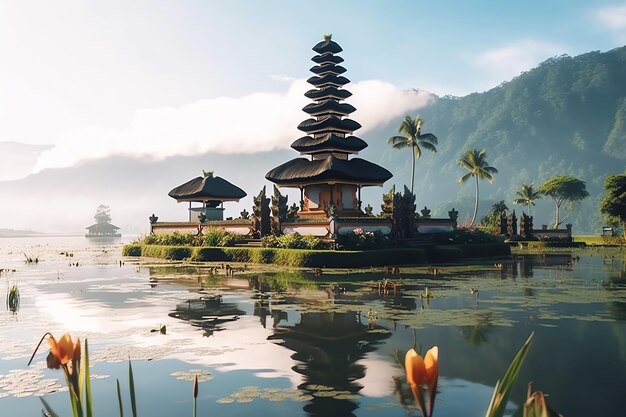 写真 古代のpura ulun danu bratan besakihまたは有名なヒンドゥー教寺院と日の出時にバリ島の観光客