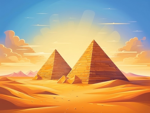 Ancient pyramids between golden dunes in a hot desert