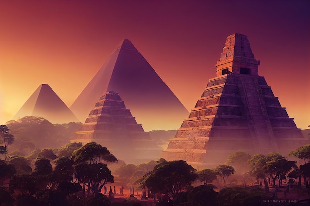 Ancient pyramids among the rainforest under the sky at sunset 3d illustration