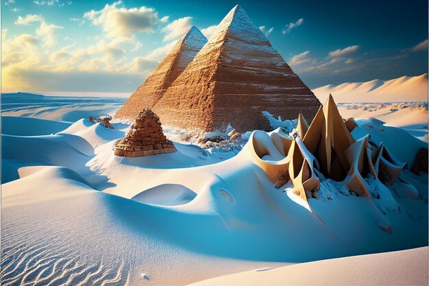 雪の古代ピラミッド エジプト 冬のピラミッド 地球規模の寒冷化 氷河期 ジェネレーティブ AI イラスト