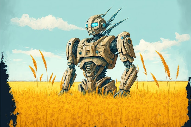 An ancient robot standing in the field of flowers digital art style illustration painting fantasy concept of a giant robot