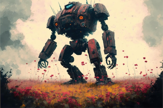 An ancient robot standing in the field of flowers digital art style illustration painting fantasy concept of a giant robot