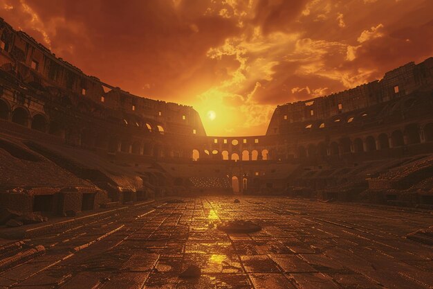 황금빛 해가 지는 하늘 아래 있는 고대 로마 콜로세움