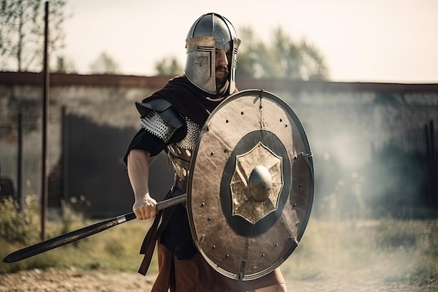 Antico gladiatore romano che si allena con spada e scudo in preparazione per il combattimento imminente