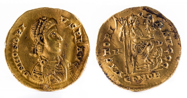 Ancient Roman gold solidus coin of Emperor Honorius.