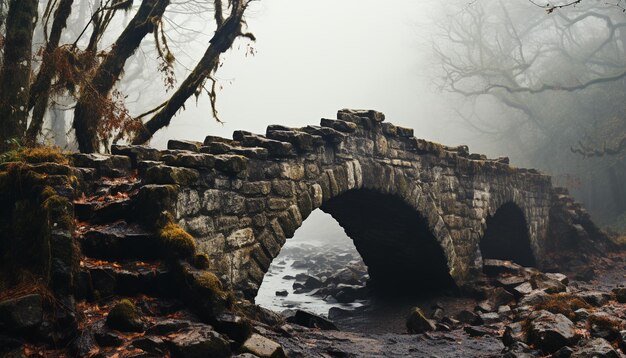 Photo ancient ruined bridge foggy autumn landscape mysterious beauty in nature generated by ai