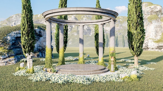 Ancient ruined Greek Roman stone gazebo in meadow and flowerbed with empty stage for mockup